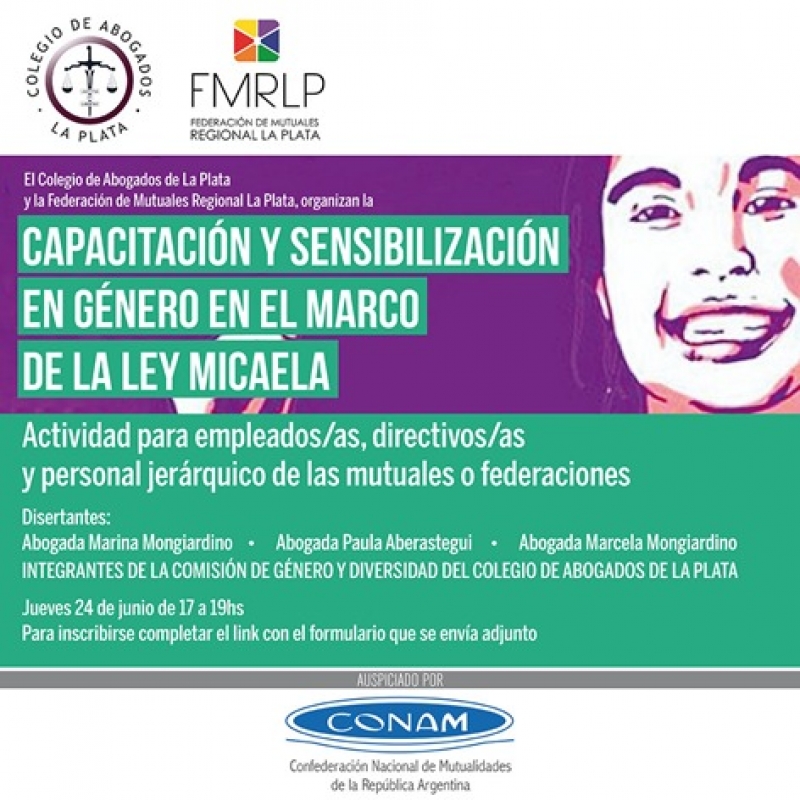 Invitación a la Jornada de capacitación en género en el marco de la ley Micaela que organiza la Federacion de Mutuales de La Plata.